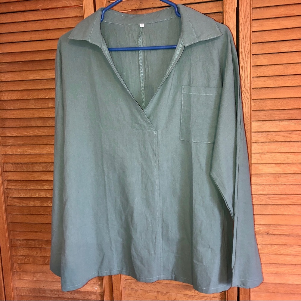 Spring Solid Long Sleeve V Neck Blouse Green Xxl - image 3